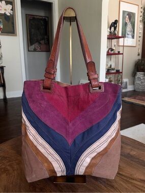 Fossil Long Live Vintage Chevron Multicolor Leather Canvas Tote Shoulder Bag